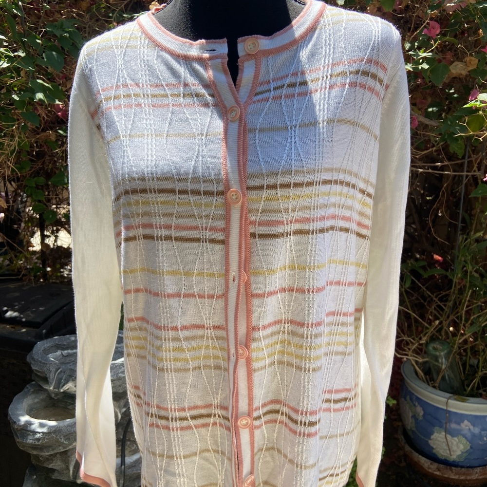 Women's Striped Button-Up Sweater - White and Pink